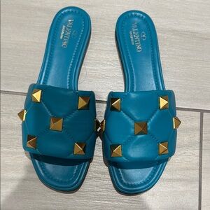 Valentino Garavani Gold Studded Blue Sandals